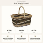 Size chart for the rectangular handwoven willow vegetable harvest basket showing 41 cm length, 29 cm width and 20 cm height