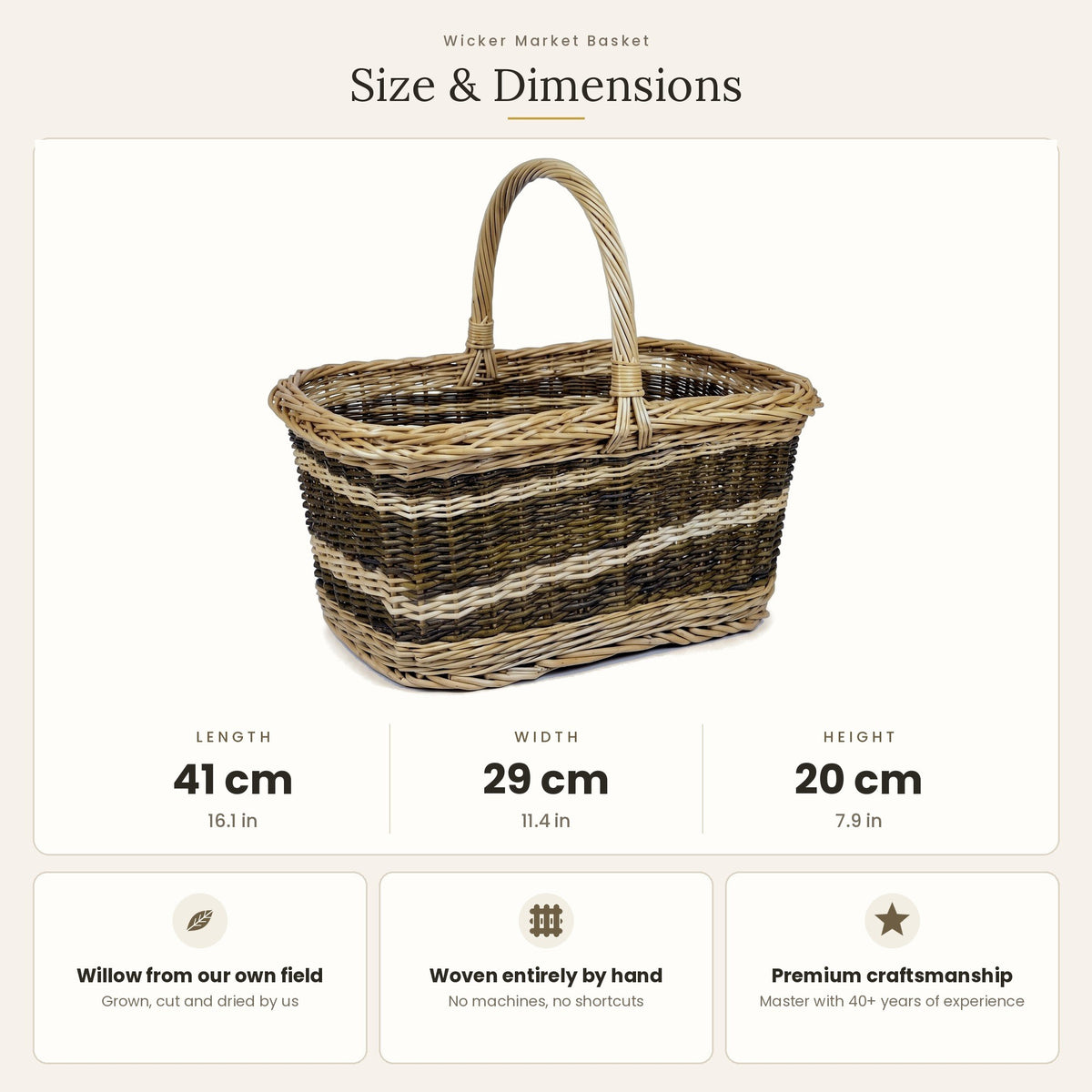 Size chart for the rectangular handwoven willow vegetable harvest basket showing 41 cm length, 29 cm width and 20 cm height