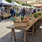 Rectangular willow market basket with handle carrying leeks, a baguette and carrots on a trestle table at a busy outdoor market