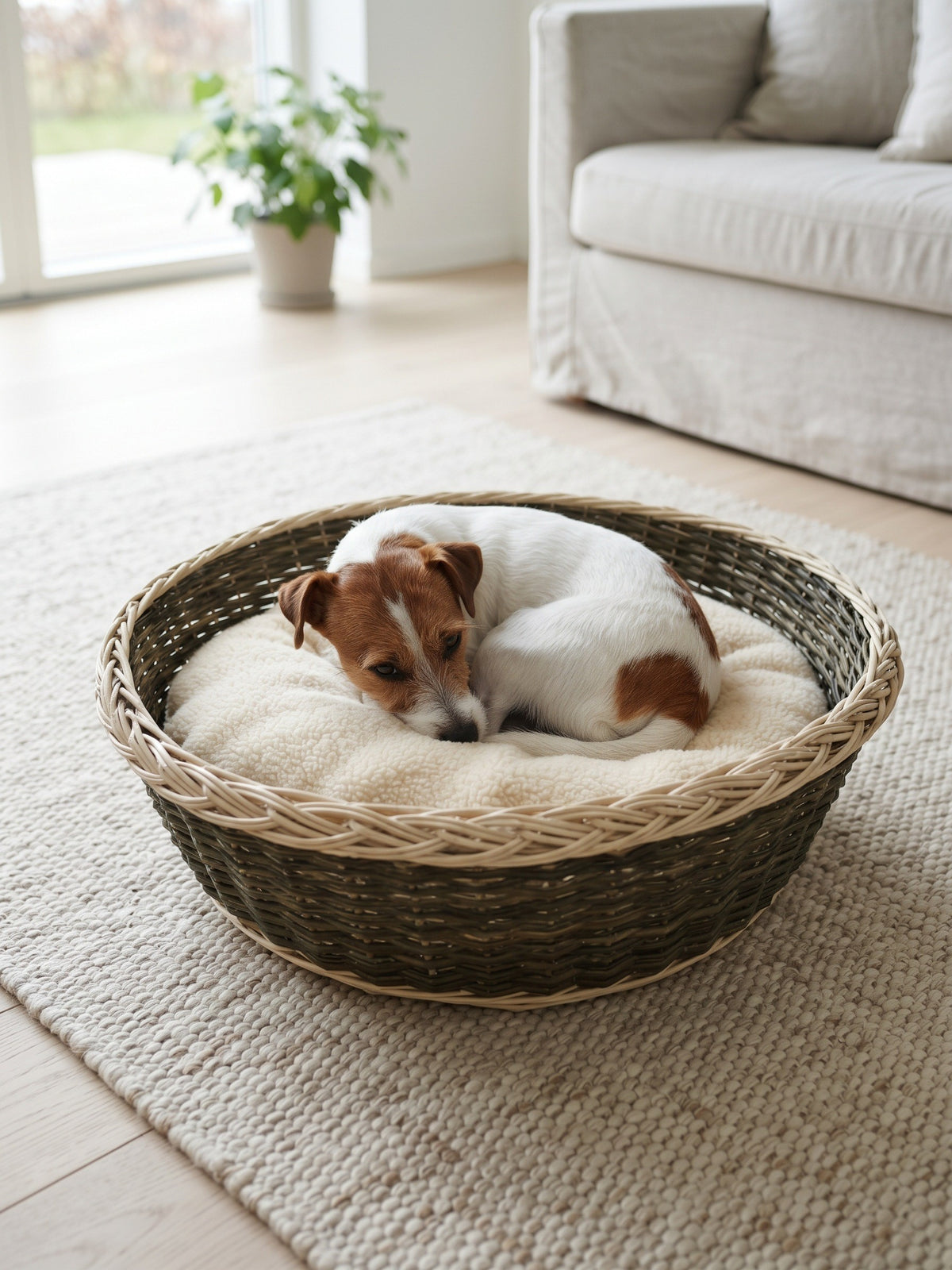 Round wicker pet bed basket with a braided rim and a soft cushion, a small Jack Russell dog curled up asleep inside on a living room rug