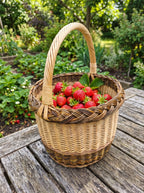 Round mushroom foraging basket with handle filled with fresh strawberries on a weathered garden table beside strawberry beds