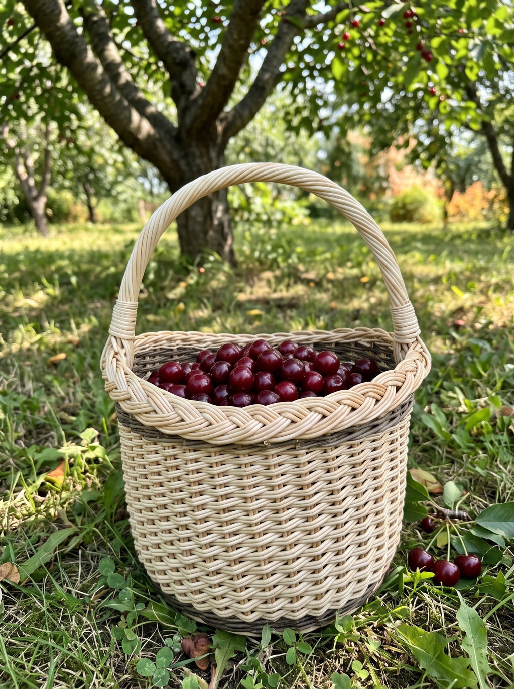Deep round willow basket with a braided rim and arched handle holding freshly picked cherries on the grass in an orchard