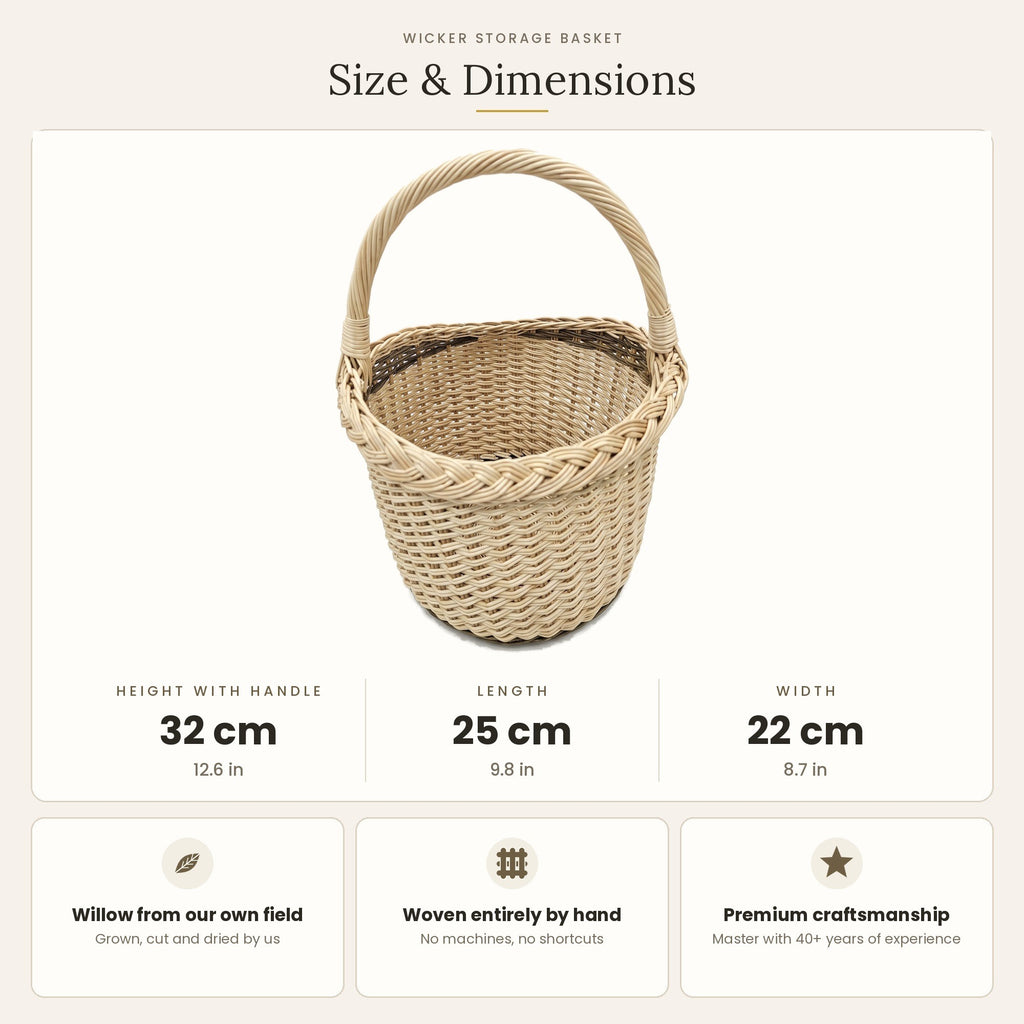 Size chart for the round wicker mushroom basket showing 32 cm height with handle, 25 cm length and 22 cm width
