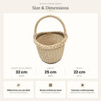 Size chart for the round wicker mushroom basket showing 32 cm height with handle, 25 cm length and 22 cm width