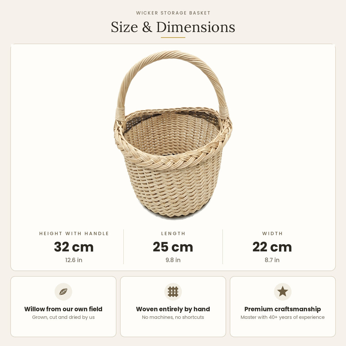 Size chart for the round wicker mushroom basket showing 32 cm height with handle, 25 cm length and 22 cm width