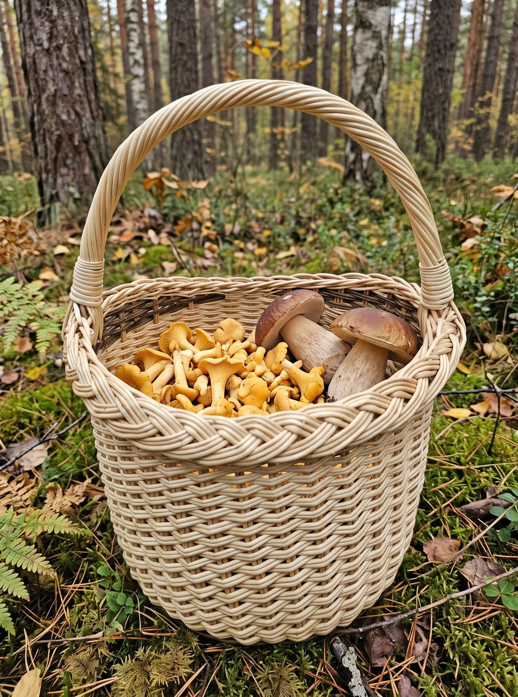 Handwoven willow mushroom foraging basket filled with chanterelles and porcini on the mossy floor of a pine forest