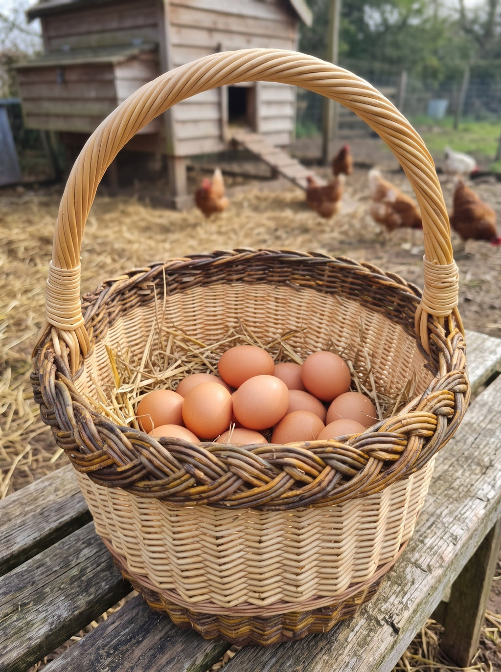 Round willow egg basket with a braided rim holding fresh hen eggs on straw, on a bench in a farmyard with chickens and a coop