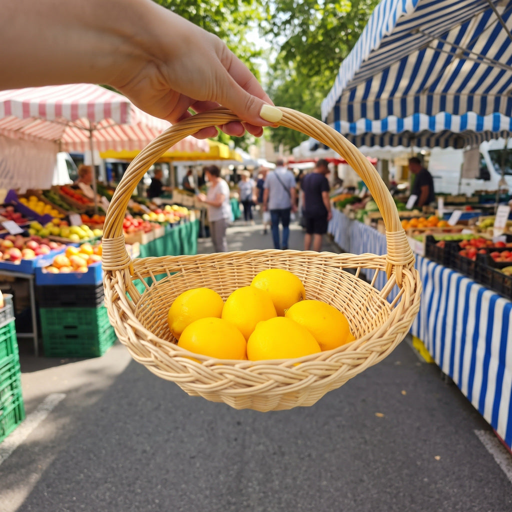Round willow harvest basket with handle held by hand at a busy outdoor farmers market, filled with fresh lemons