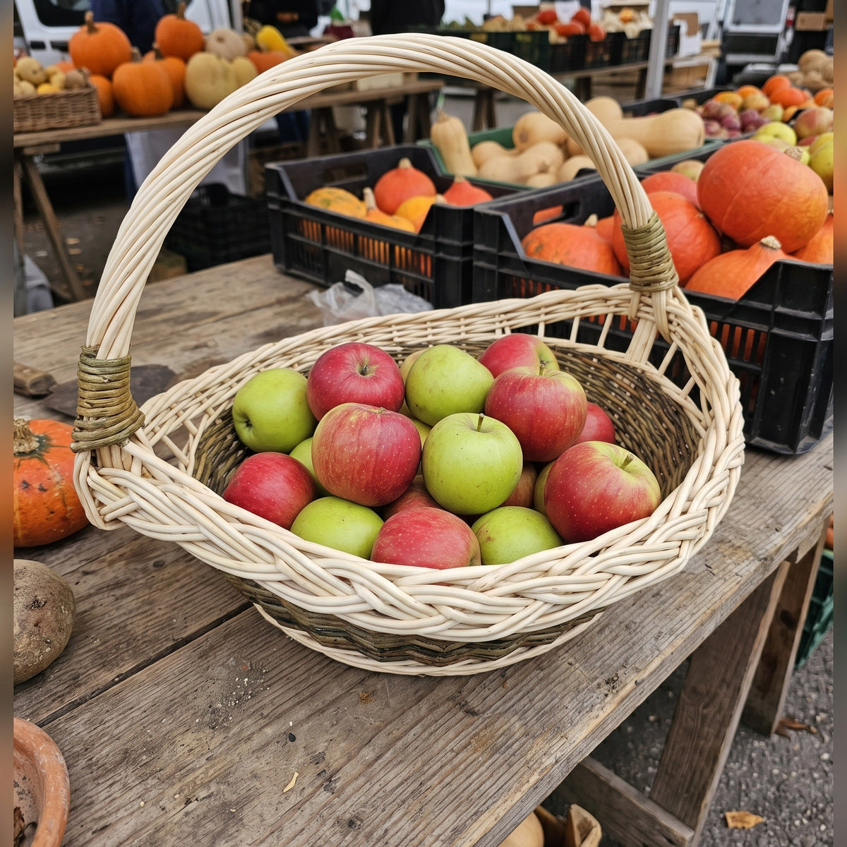 Willow harvest trug with an arched handle full of red and green apples on a market stall beside crates of pumpkins