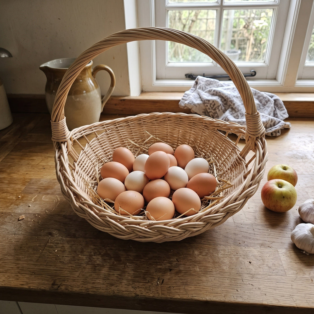 Wicker harvest trug with handle holding fresh brown and white eggs on straw on a farmhouse kitchen table by the window