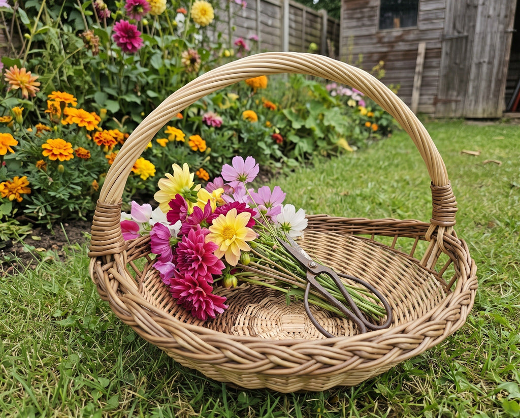 Handwoven willow garden trug with handle holding freshly cut dahlias, cosmos and garden scissors on the lawn by a flower bed