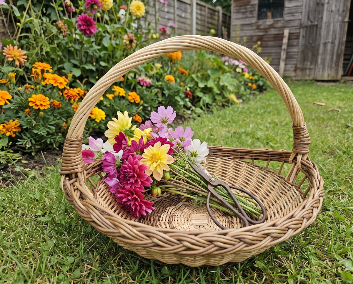 Handwoven willow garden trug with handle holding freshly cut dahlias, cosmos and garden scissors on the lawn by a flower bed