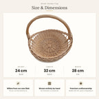 Size chart for the wicker garden trug with handle showing 24 cm height, 32 cm length and 28 cm width