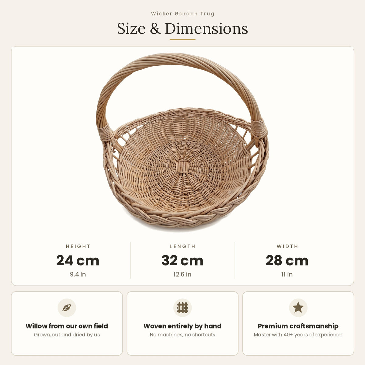 Size chart for the wicker garden trug with handle showing 24 cm height, 32 cm length and 28 cm width