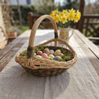 Handwoven willow trug with arched handle holding decorated Easter eggs on moss on a garden table beside a jug of daffodils