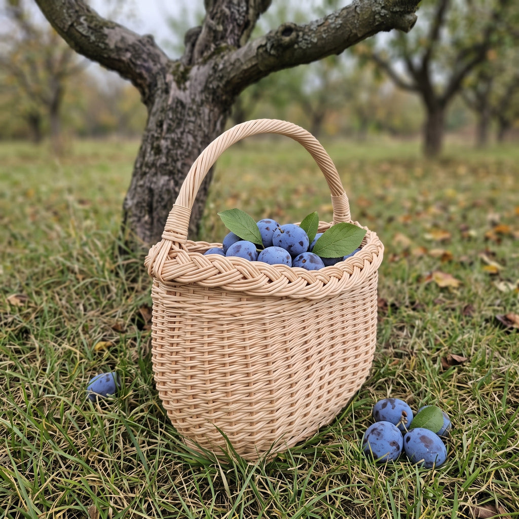 Small oval wicker berry basket with a braided rim and curved handle full of fresh plums on the grass in an autumn orchard