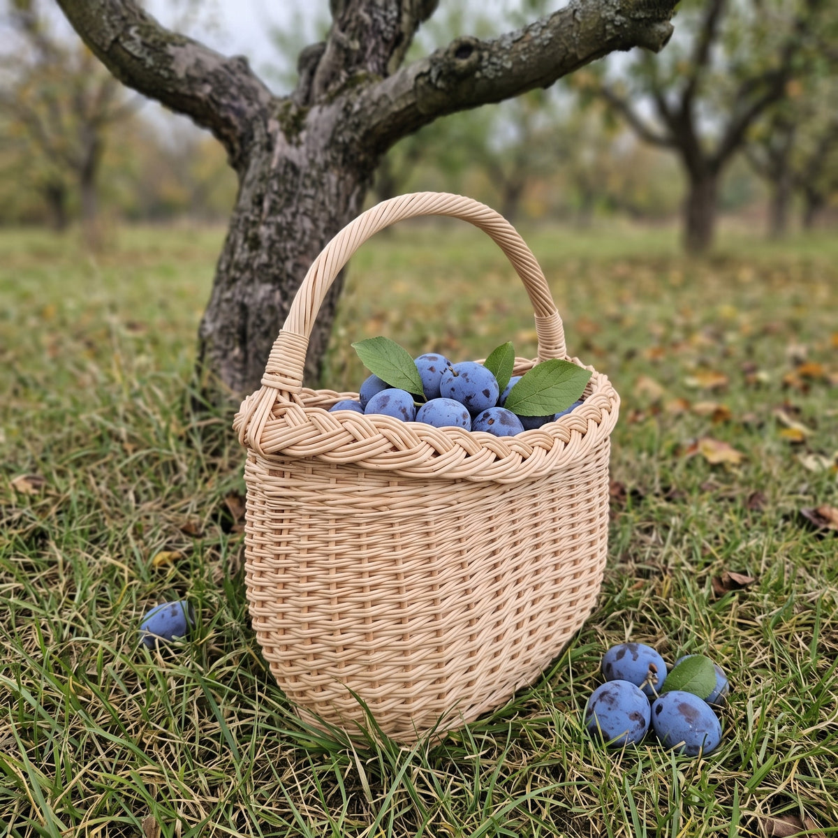 Small oval wicker berry basket with a braided rim and curved handle full of fresh plums on the grass in an autumn orchard