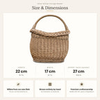 Size chart for the small oval wicker berry basket showing 22 cm length, 17 cm width and 27 cm height with handle