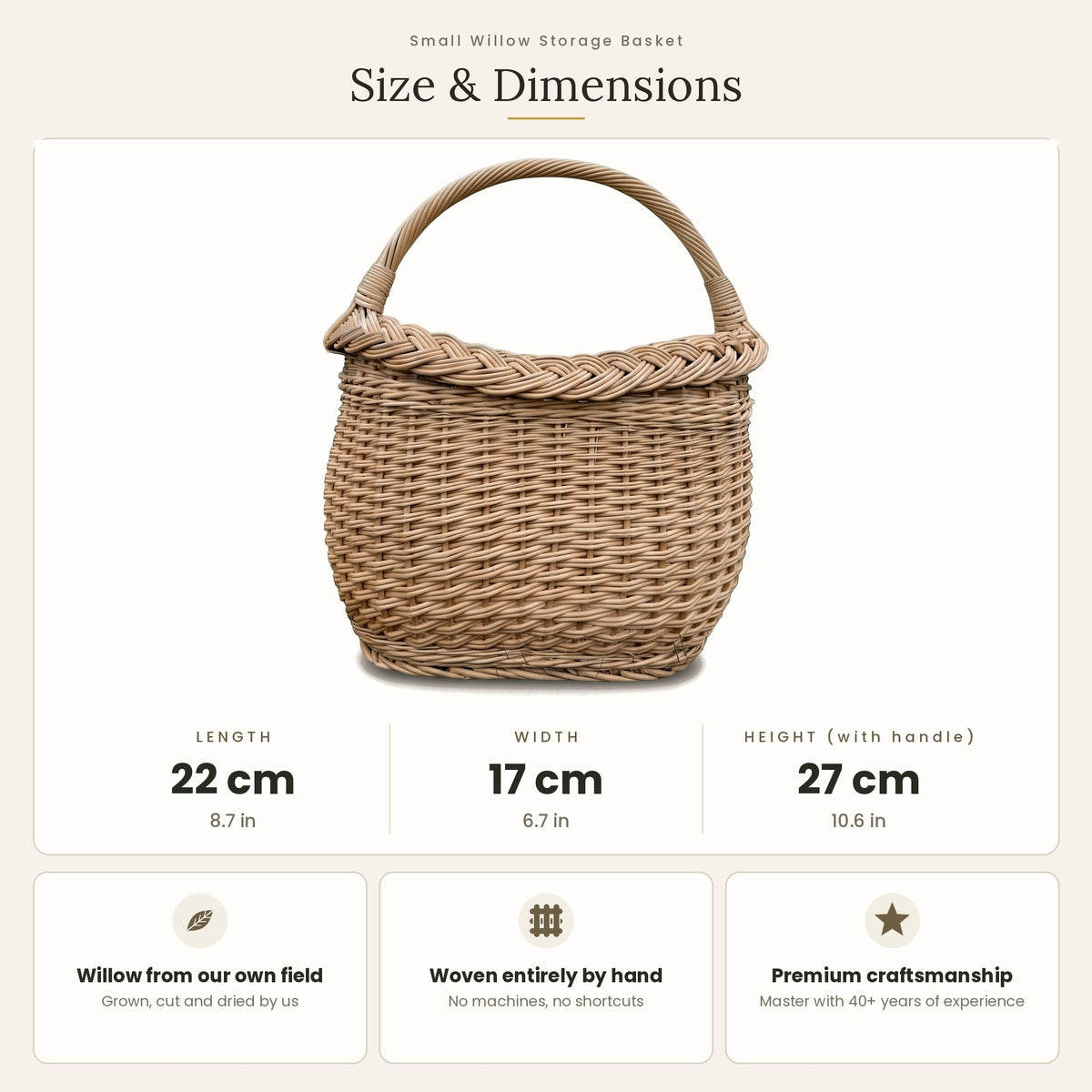 Size chart for the small oval wicker berry basket showing 22 cm length, 17 cm width and 27 cm height with handle