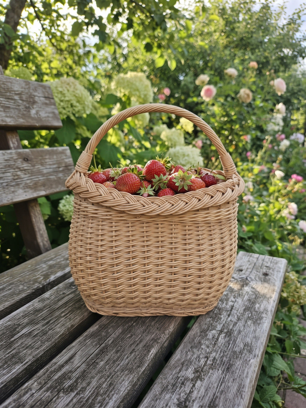 Small wicker berry basket with handle full of freshly picked strawberries on a weathered garden bench among hydrangeas