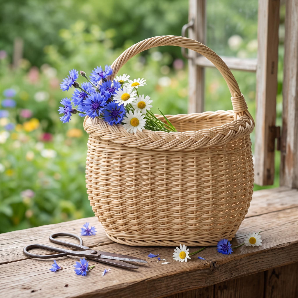 Small oval willow basket with curved handle holding cornflowers and daisies on a rustic wooden ledge with garden scissors