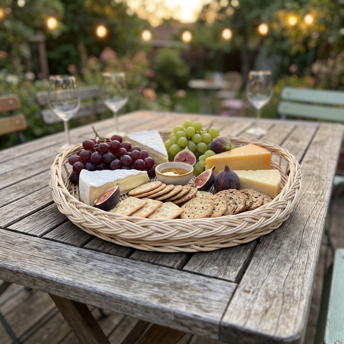 Handwoven willow cheese platter on an outdoor table set with brie, hard cheeses, figs, grapes, crackers and wine glasses under evening string lights.