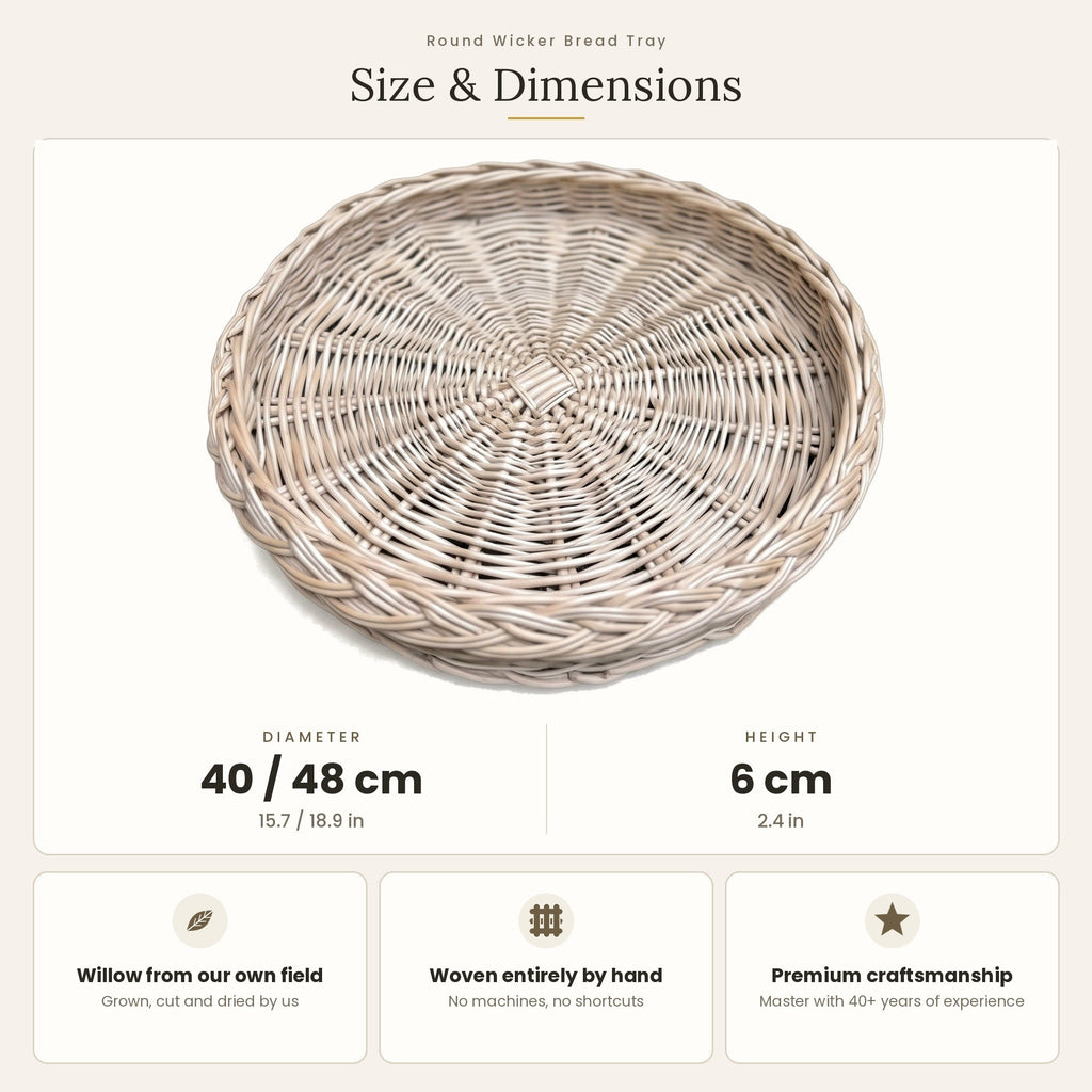 Size chart for the round wicker bread tray showing 40 cm or 48 cm diameter and 6 cm height, with notes on willow grown and woven by hand.
