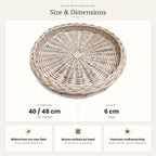 Size chart for the round wicker bread tray showing 40 cm or 48 cm diameter and 6 cm height, with notes on willow grown and woven by hand.