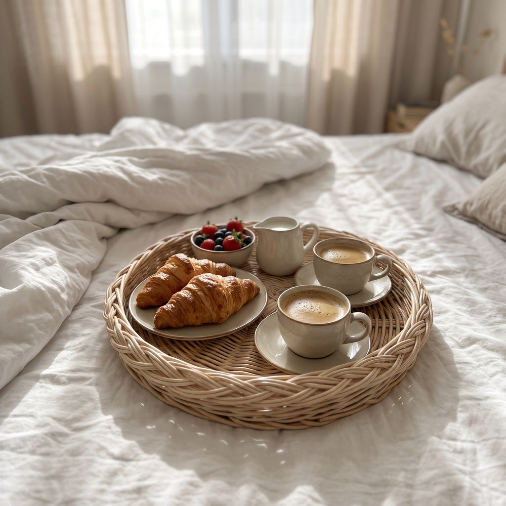 Round willow breakfast tray on a white bed with croissants, two cups of coffee, a milk jug and a bowl of berries in soft morning light.