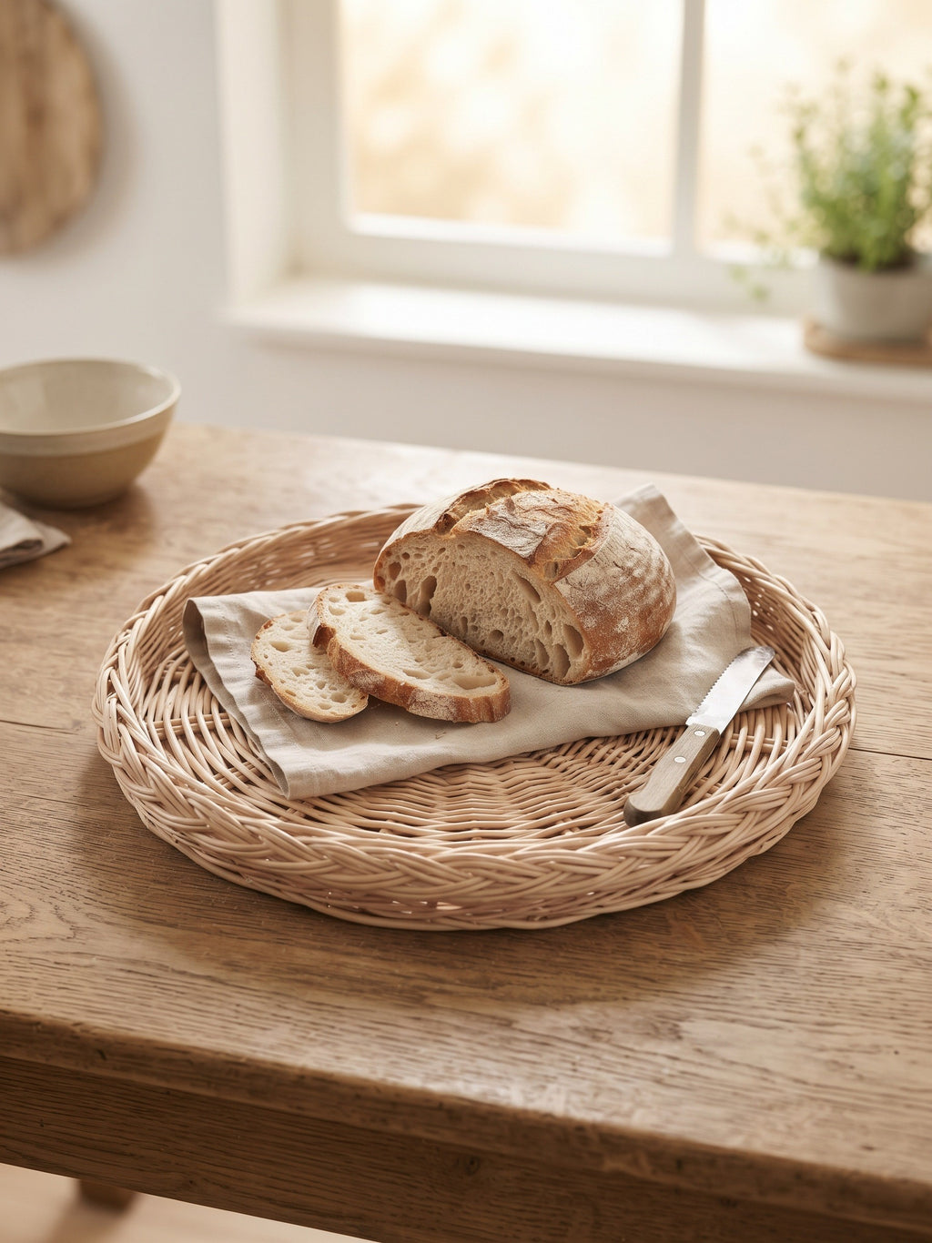 Round wicker bread tray on a kitchen table by the window, holding a sliced sourdough loaf on a linen napkin with a bread knife.