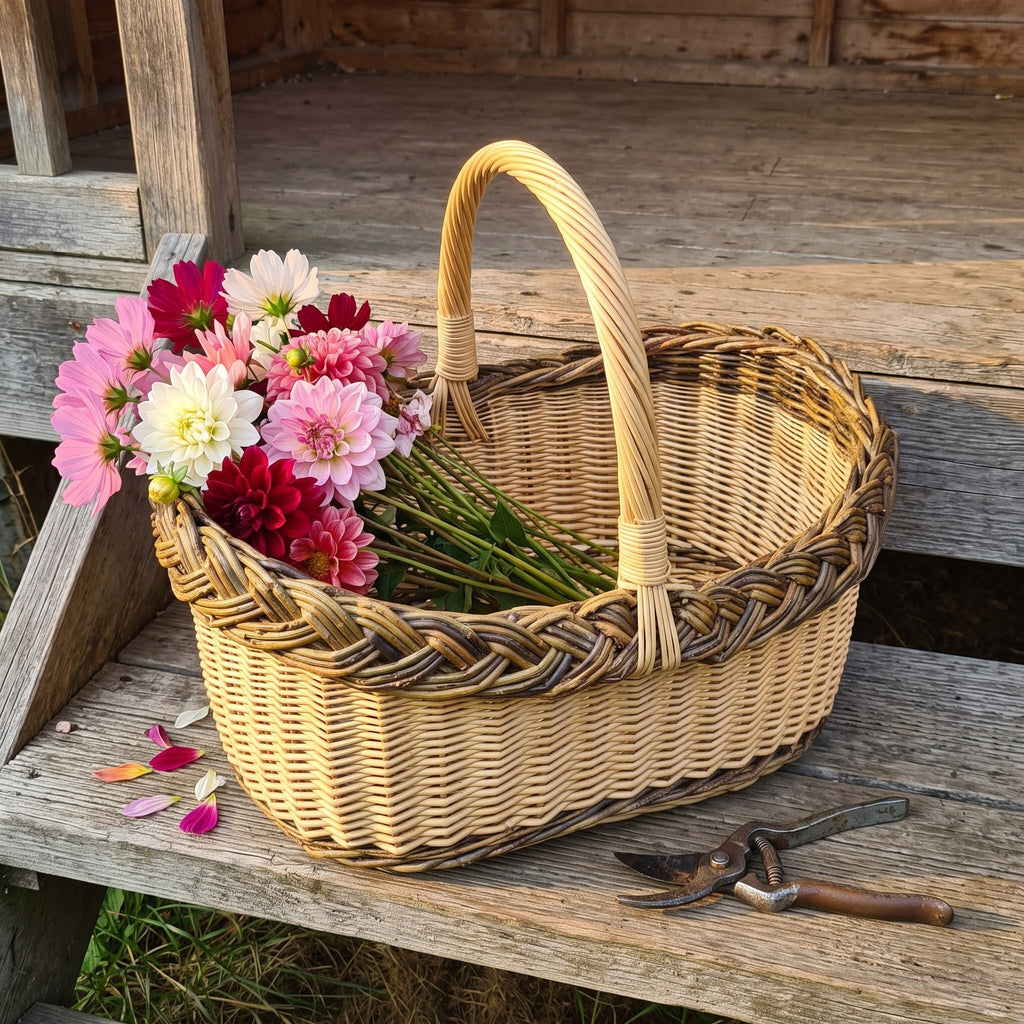 Oval willow flower gathering basket with a braided rim and arched handle holding freshly cut dahlias, beside pruning shears on a wooden step
