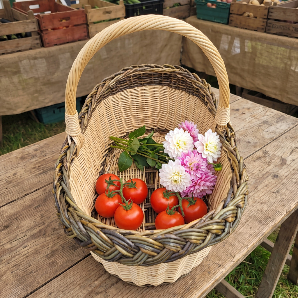 Handwoven wicker market basket with handle and braided rim filled with ripe tomatoes and dahlias on a wooden table at a farmers market