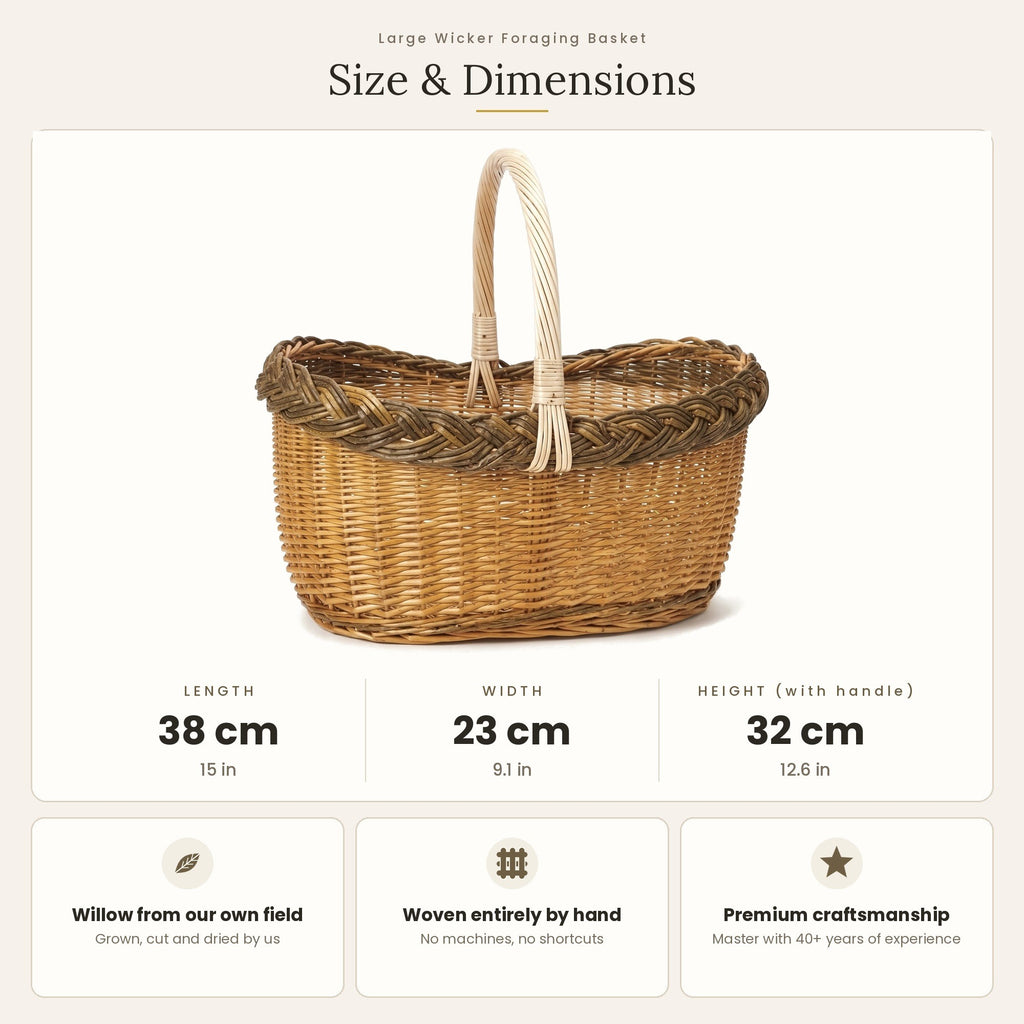 Size chart for the oval willow flower gathering basket showing 38 cm length, 23 cm width and 32 cm height with handle