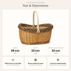 Size chart for the oval willow flower gathering basket showing 38 cm length, 23 cm width and 32 cm height with handle