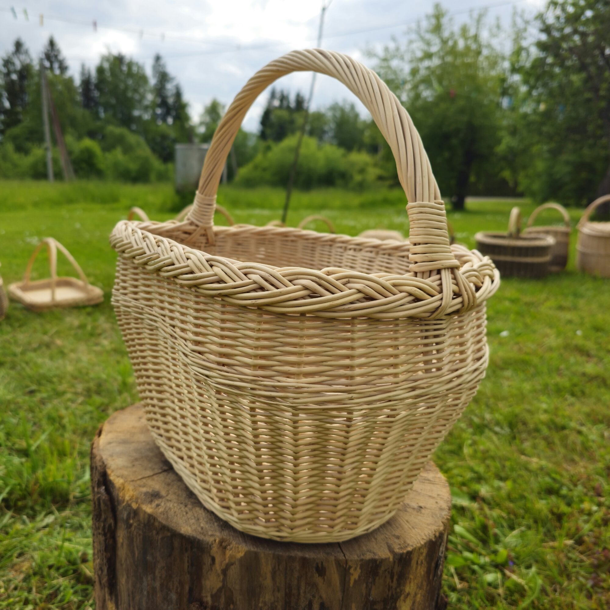 Large Oval Wicker Basket with Arched Handle