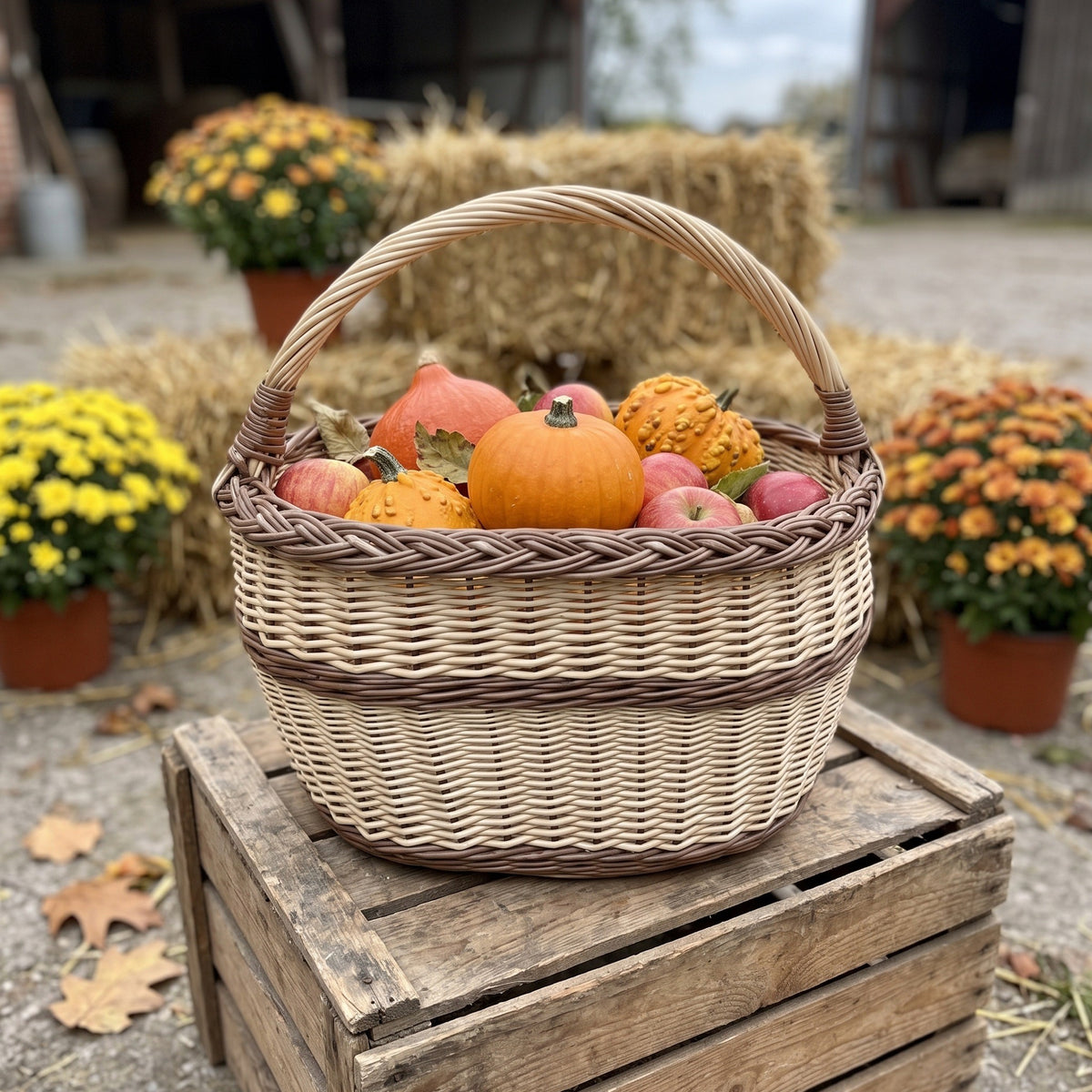 Oval wicker basket with a braided rim holding pumpkins and apples on a wooden crate at an autumn farm stand with hay bales and chrysanthemums