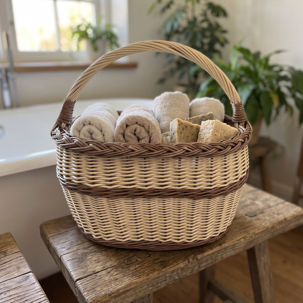 Willow basket with handle used as bathroom storage for rolled towels and handmade soap on a wooden stool beside a bathtub
