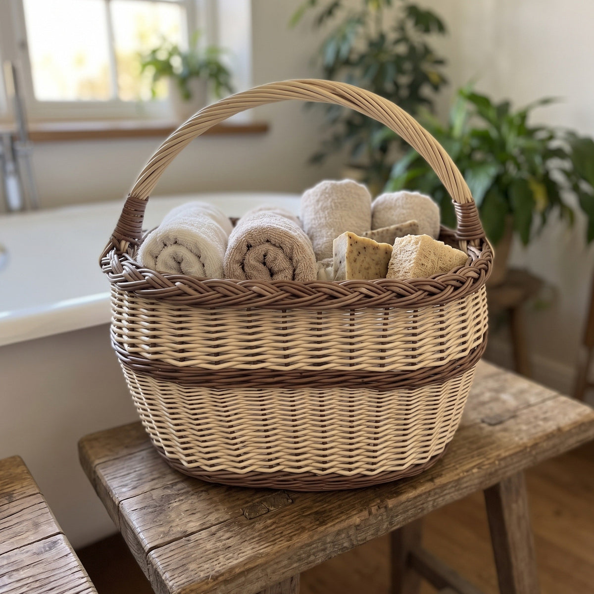 Willow basket with handle used as bathroom storage for rolled towels and handmade soap on a wooden stool beside a bathtub