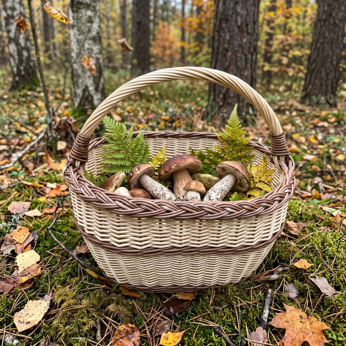 Oval wicker foraging basket with handle filled with wild mushrooms and ferns on the mossy forest floor among autumn leaves