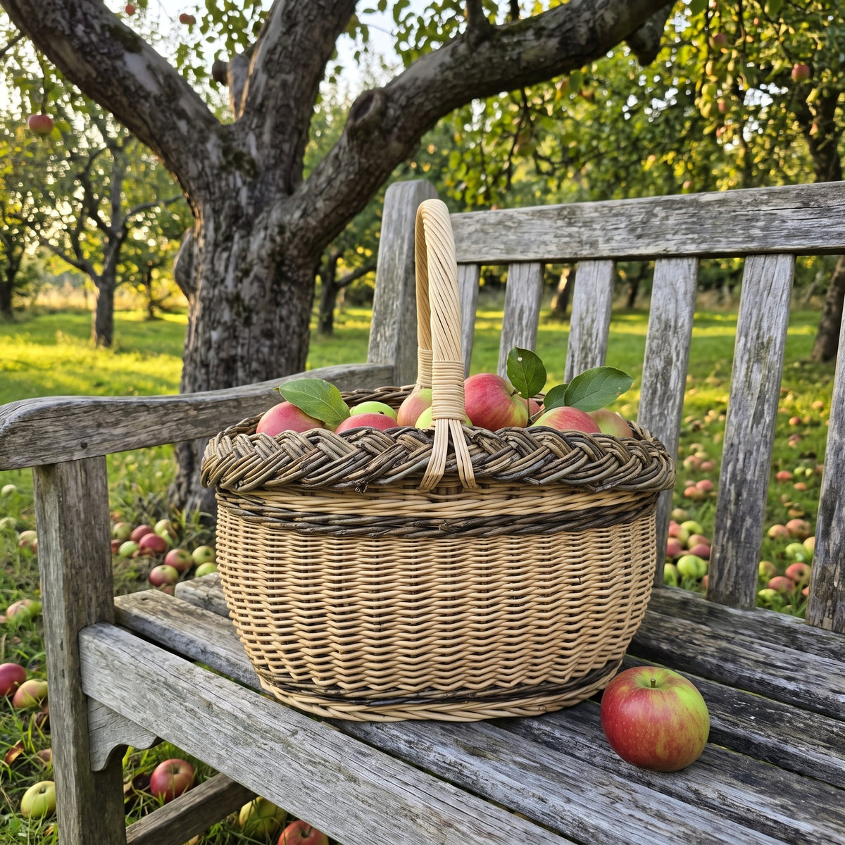 Oval wicker basket with handle full of freshly picked apples on a weathered wooden bench in an autumn apple orchard