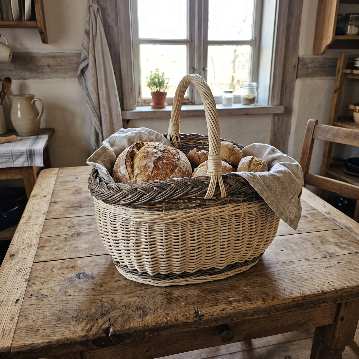 Handwoven willow bread basket with a braided rim holding rustic loaves under a linen cloth on a farmhouse kitchen table