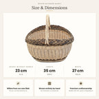 Size chart for the oval wicker gathering basket showing 23 cm height without handle, 35 cm length and 27 cm width