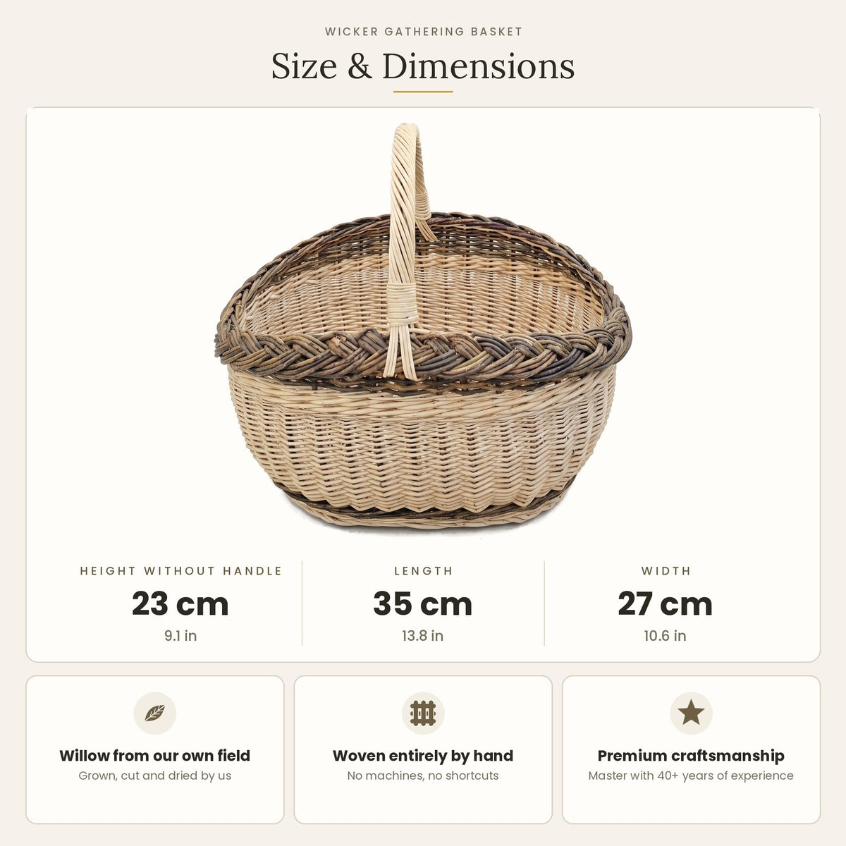 Size chart for the oval wicker gathering basket showing 23 cm height without handle, 35 cm length and 27 cm width