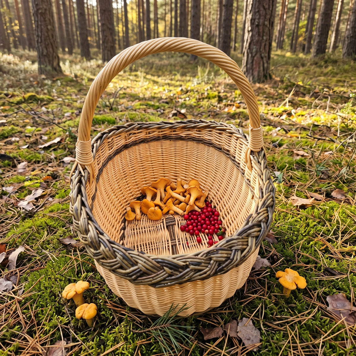 Oval willow mushroom basket with a thick braided rim holding chanterelles and lingonberries on the mossy floor of a pine forest