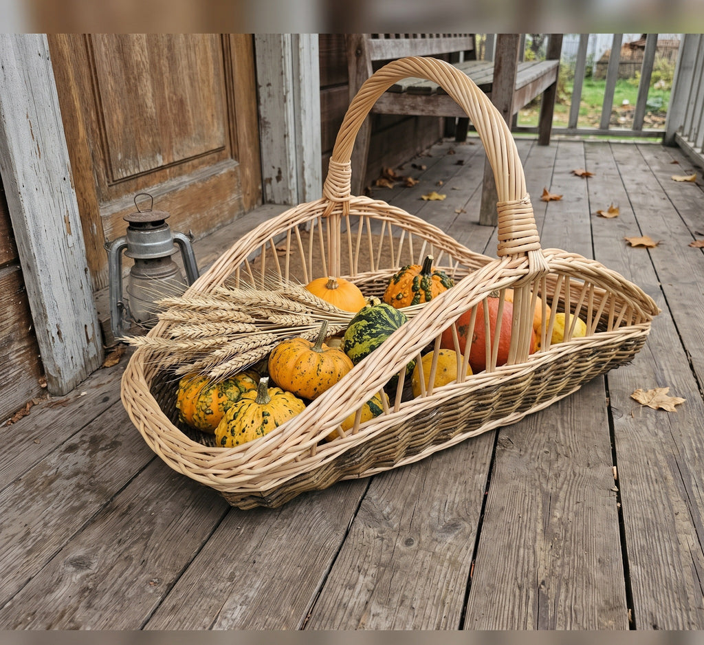 Willow harvest trug with handle holding small pumpkins, gourds and wheat ears on a wooden porch in autumn