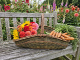 Großer Gartenkorb mit Henkel, darin frische Möhren und ein Strauß Sonnenblumen und Dahlien, auf einer Holzbank im Bauerngarten