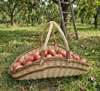 Large handwoven willow garden trug with two handles crossing at the top, filled with red apples on the grass of an orchard by a ladder