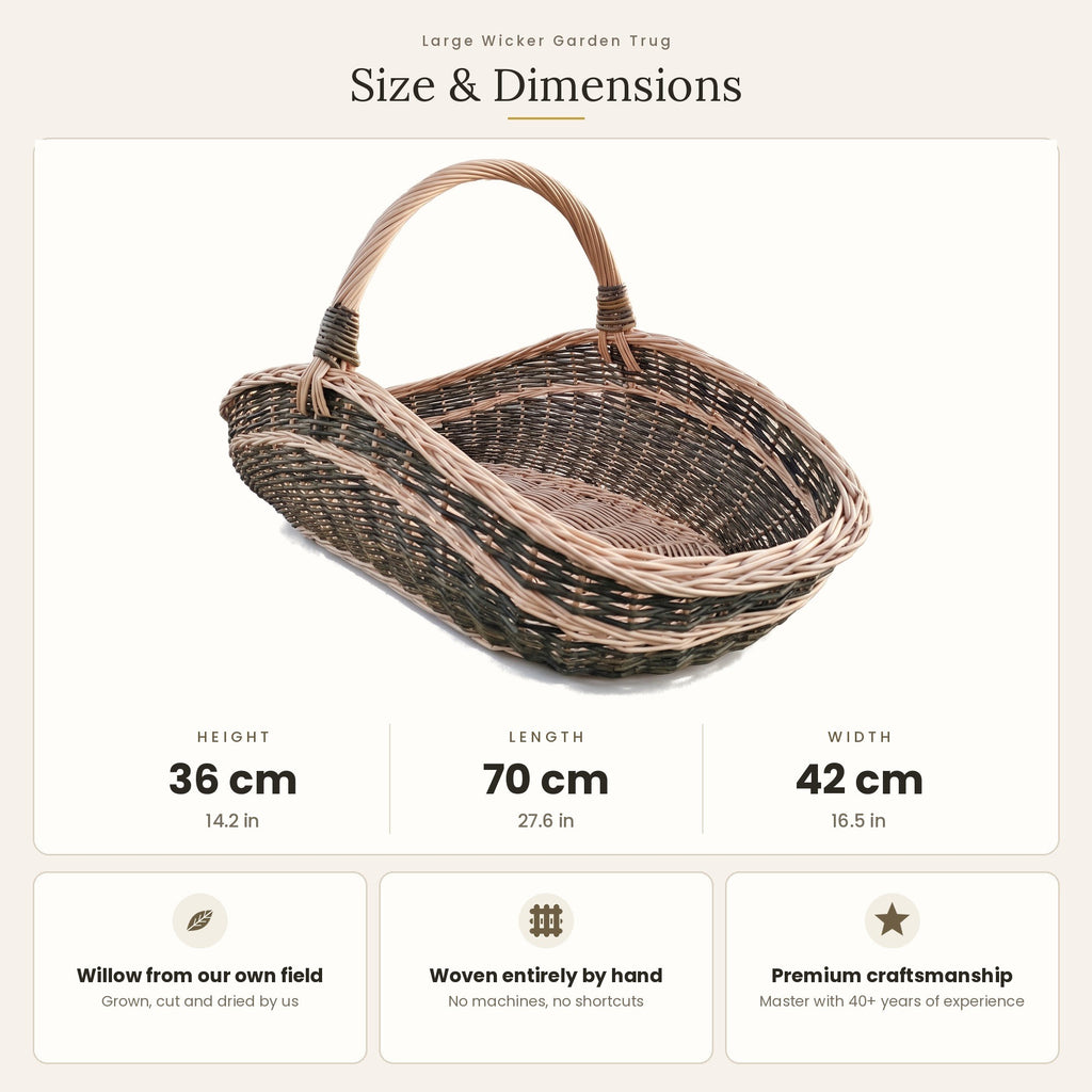 Size chart for the extra large garden trug basket showing 36 cm height, 70 cm length and 42 cm width.