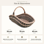 Size chart for the extra large garden trug basket showing 36 cm height, 70 cm length and 42 cm width.
