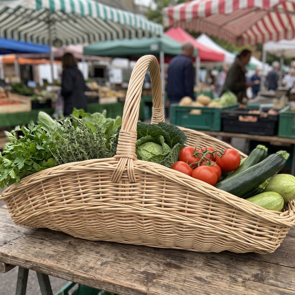 Erntekorb aus Weide mit Henkel voller Kräuter, Kohl, Tomaten und Zucchini an einem Marktstand